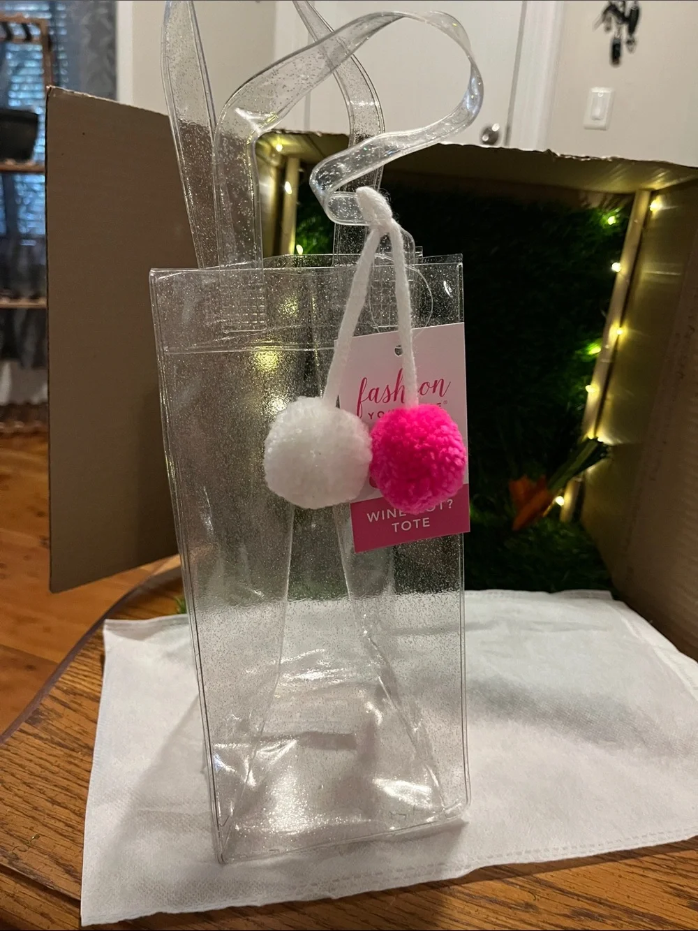 GRAPHIQUE Clear Glitter Wine Tote with Pink & White Pom Poms